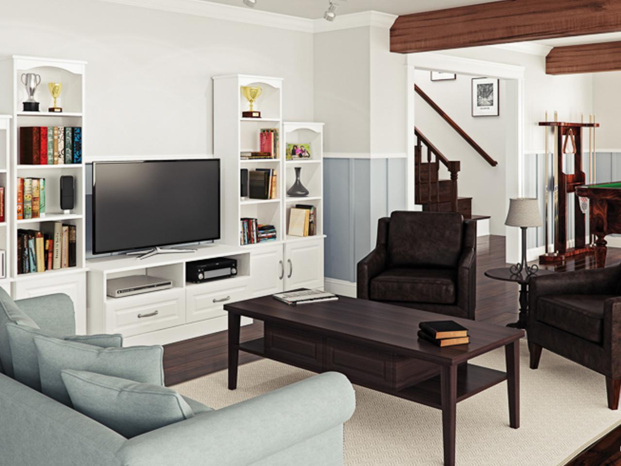 White Transitional Living Room With Entertainment Center
